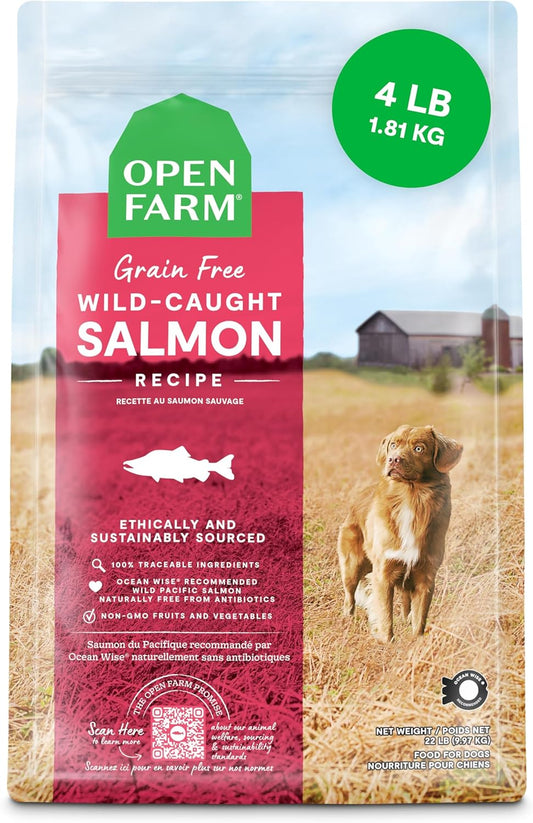 Open Farm, Grain-Free Dry Dog Food, Complete & Balanced Kibble, Sustainably & Ethically Sourced Ingredients, Non-GMO Veggies & Superfoods to Support Overall Health, Wild-Caught Salmon Recipe, 4lb Bag