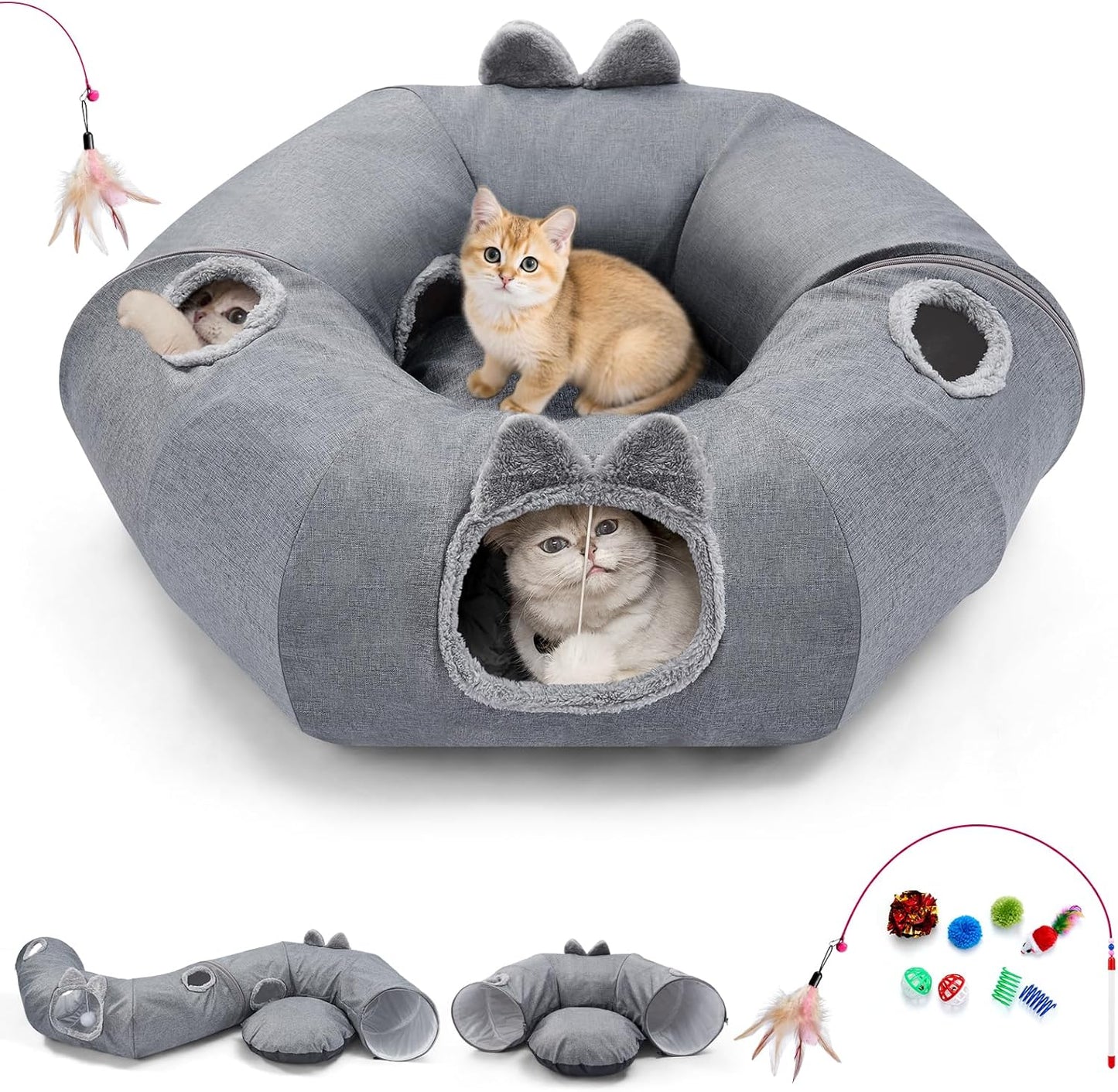 Odoland Summer Linen Cat Tunnels for Indoor Cats with Cooling Central Cat Bed, Interactive Cat Toys Detachable Soft Mat and Variety Kitty Toy Set Grey