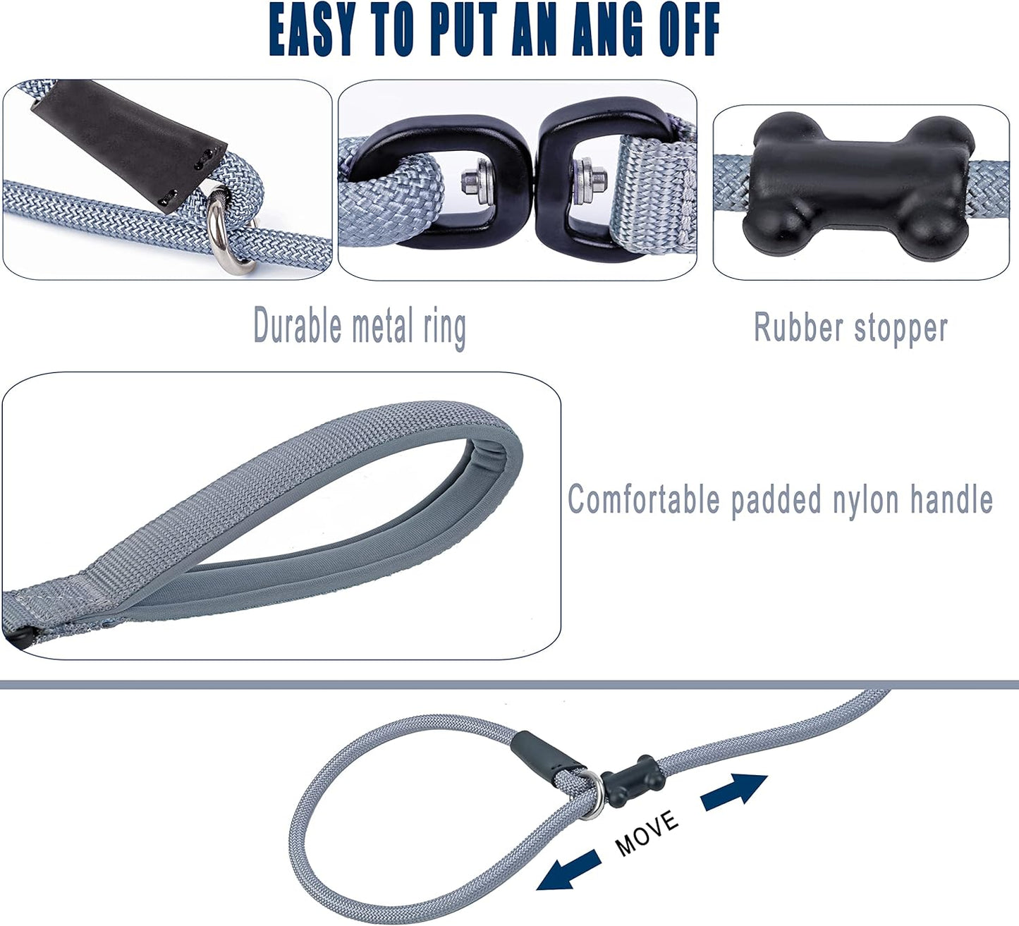 Slip Lead Dog Leash，Strong Nylon Rope Leash and Padded Handle,No Pull Outdoor Walking Training Lead for Small Medium Large Dogs(Grey, 1/2"×6ft)