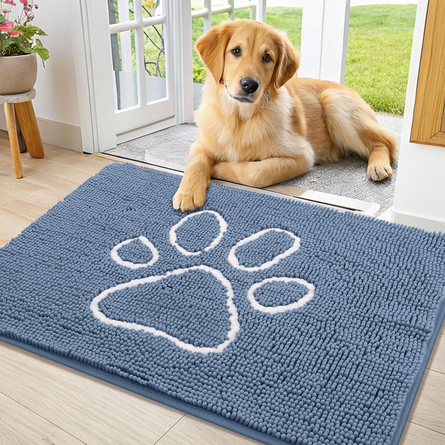 Smiry Dog Door Mat for Muddy Paws, Absorbent Dirt Trapper Non Slip Quick Dry Washable Chenille Mat for Mud Dogs, Entry Rug for Indoor and Outdoor (36x24 Inches, Airy Blue and White)