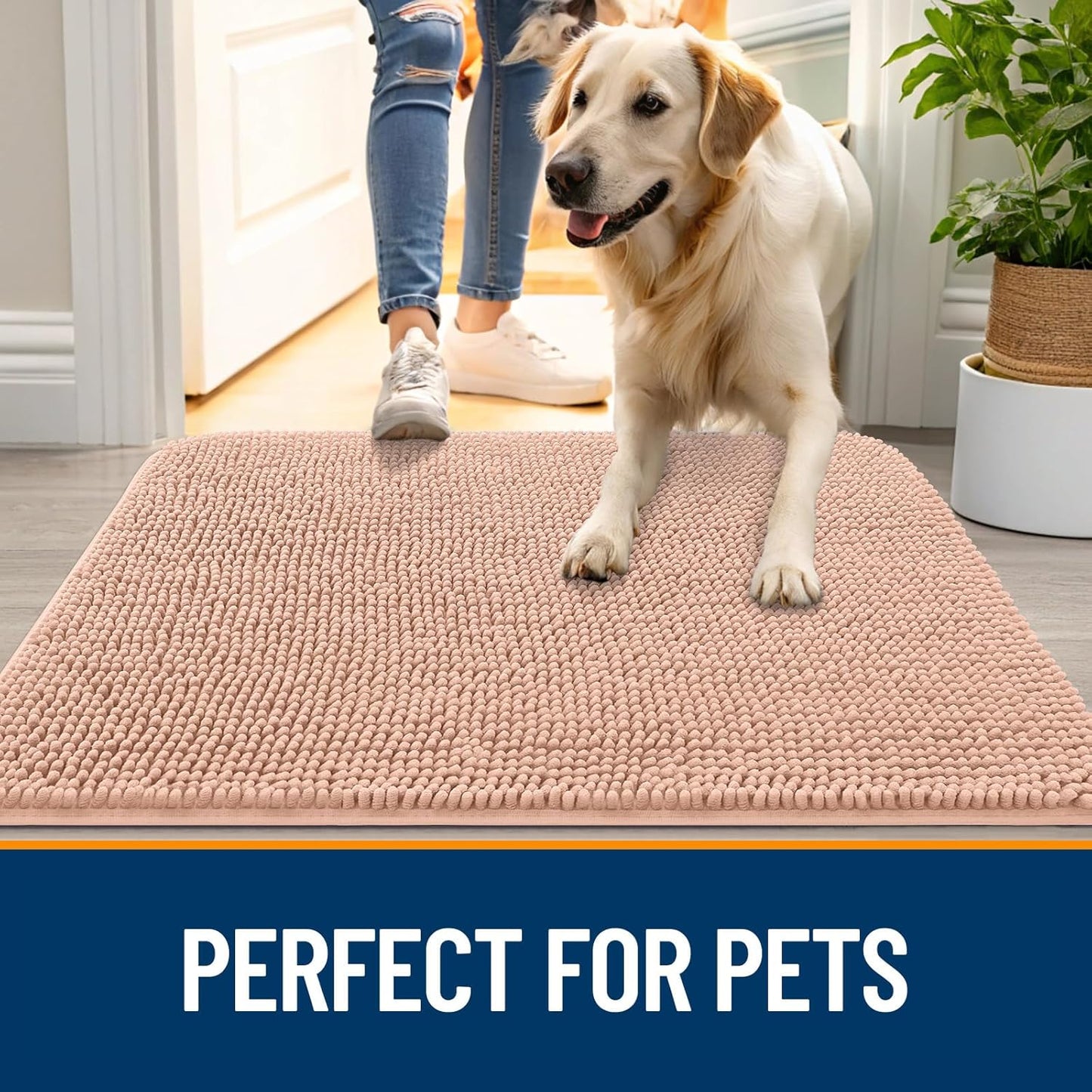OLANLY Dog Door Mat for Muddy Paws 44x24, Absorbs Moisture and Dirt, Absorbent Non-Slip Washable Doormat, Quick Dry Chenille Mud Mat for Dogs, Entry Indoor Entryway Carpet for Inside Floor, Peach