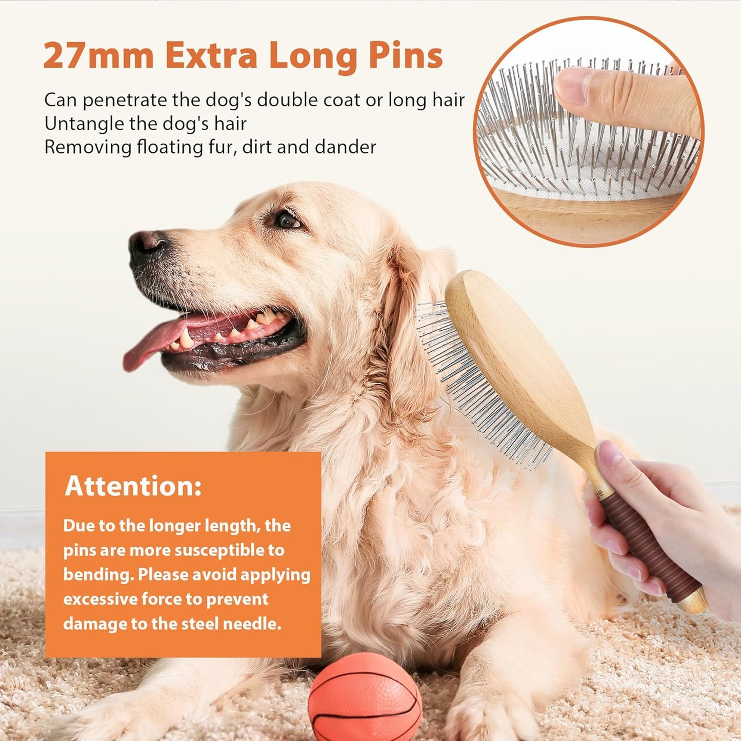 Dog Brush for Long Haired Dogs, 27mm Extra Long Pin Brush for Grooming, Shedding - Beech Wood Material, Non-Slip Rubber Handle, Round-Tipped Pins
