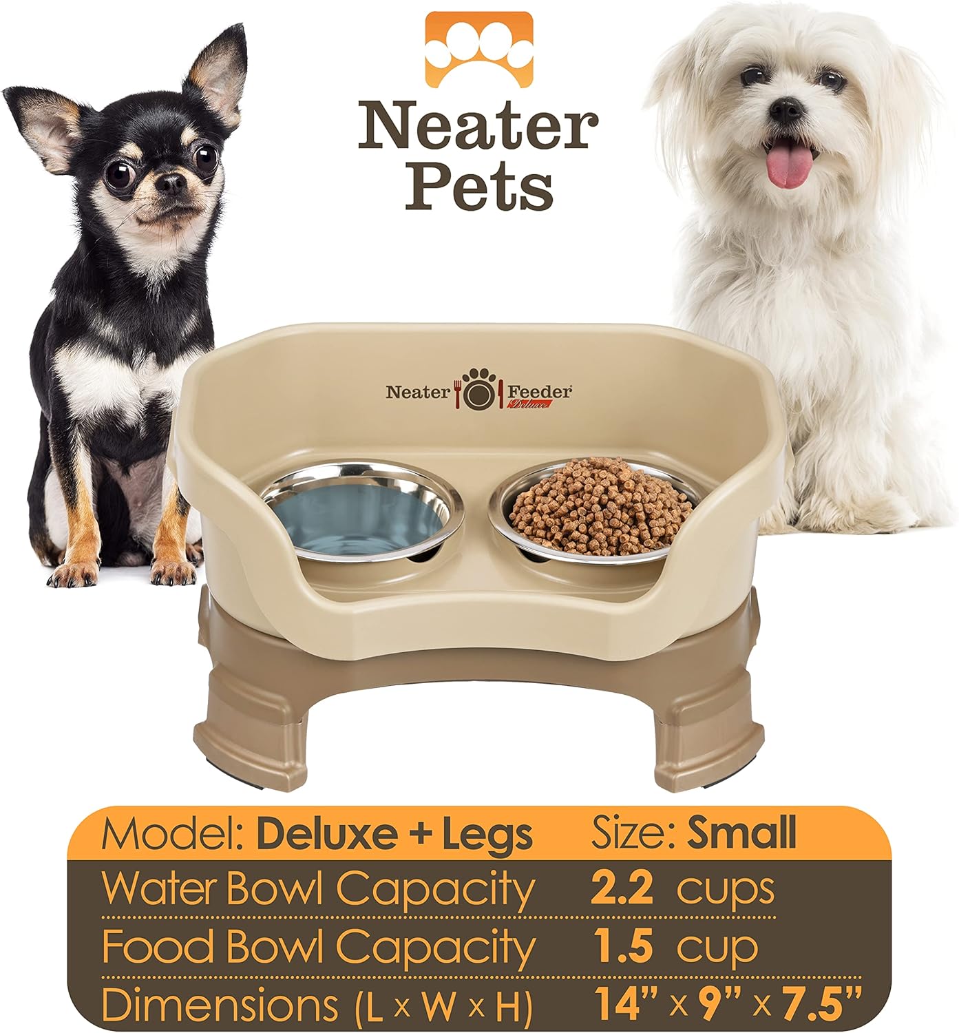Neater Feeder Deluxe Mess Proof Dog Bowls Elevated for Small Breeds – Made in USA – No Spill Raised Dog Food Bowl Stand w/Leg Extensions – Stainless Steel Dog Food and Water Bowl Set – Beige