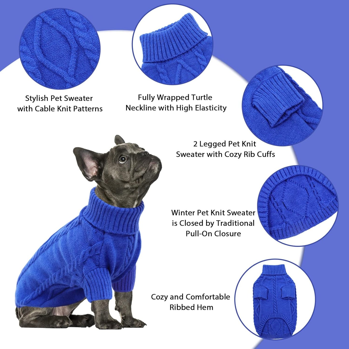 Queenmore Small Dog Pullover Sweater, Cold Weather Cable Knitwear, Classic Turtleneck Thick Warm Clothes for Chihuahua, Bulldog, Dachshund, Pug (Royal Blue, X-Small