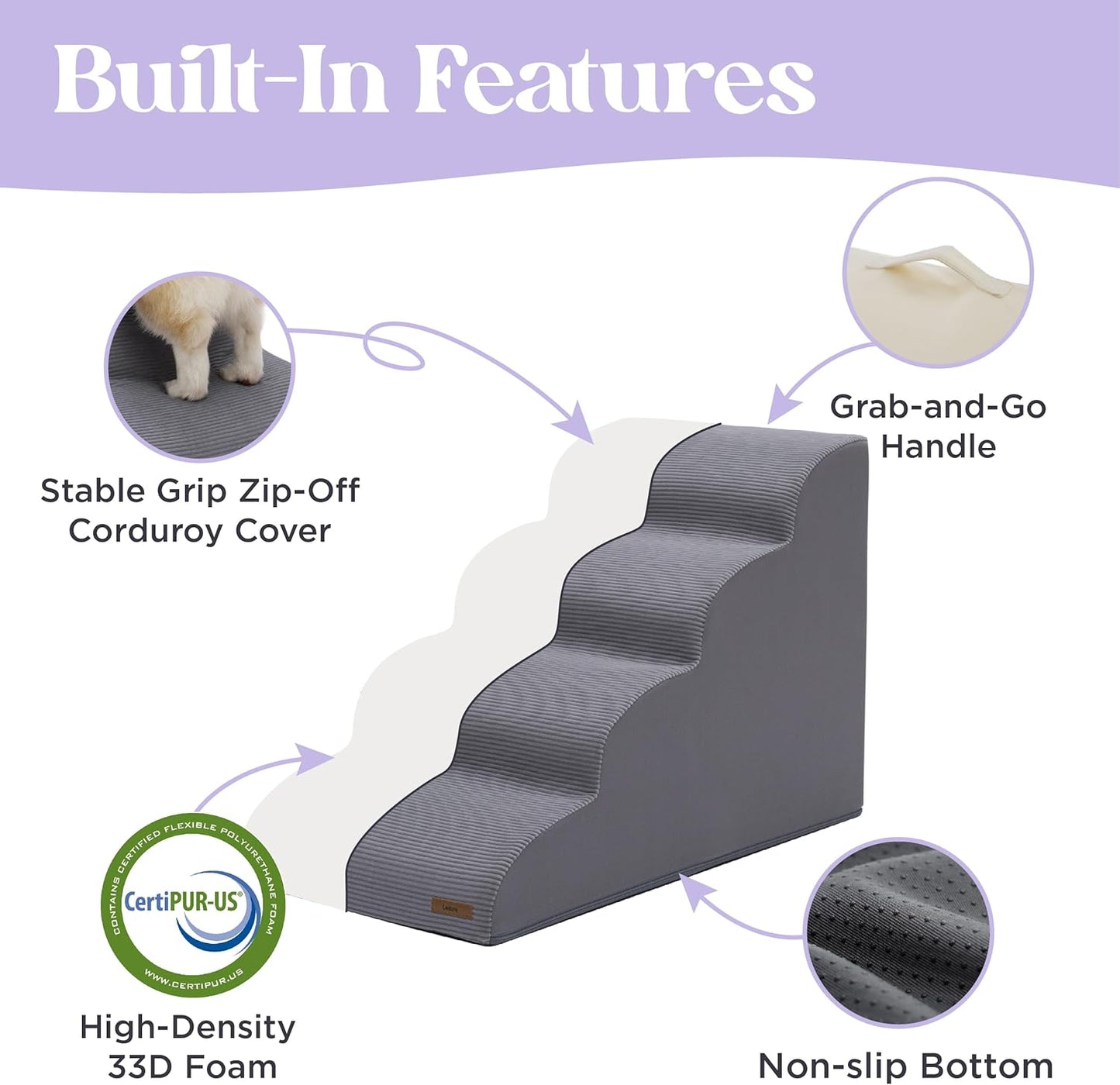 Lesure Dog Stairs for Large Dogs Pet Steps Ramp for High Bed with CertiPUR-US Certified Foam with Non-Slip Bottom, Grey, 5 Steps