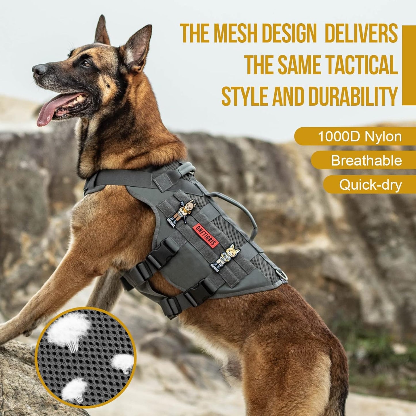 OneTigris Tactical No Pull Dog Harness for Small Dogs, Mesh Design Service Dog Vest Breathable Military Dogs Molle Vests with Handles, Harness for Walking Hiking Training
