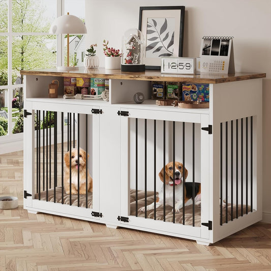 Dog Crate Furniture for 2 Dogs, 55 Inch Dog Crate Indoor with Removable Divider and Shelf Storage, Wooden Dog Crates for Medium/Large Dogs, White