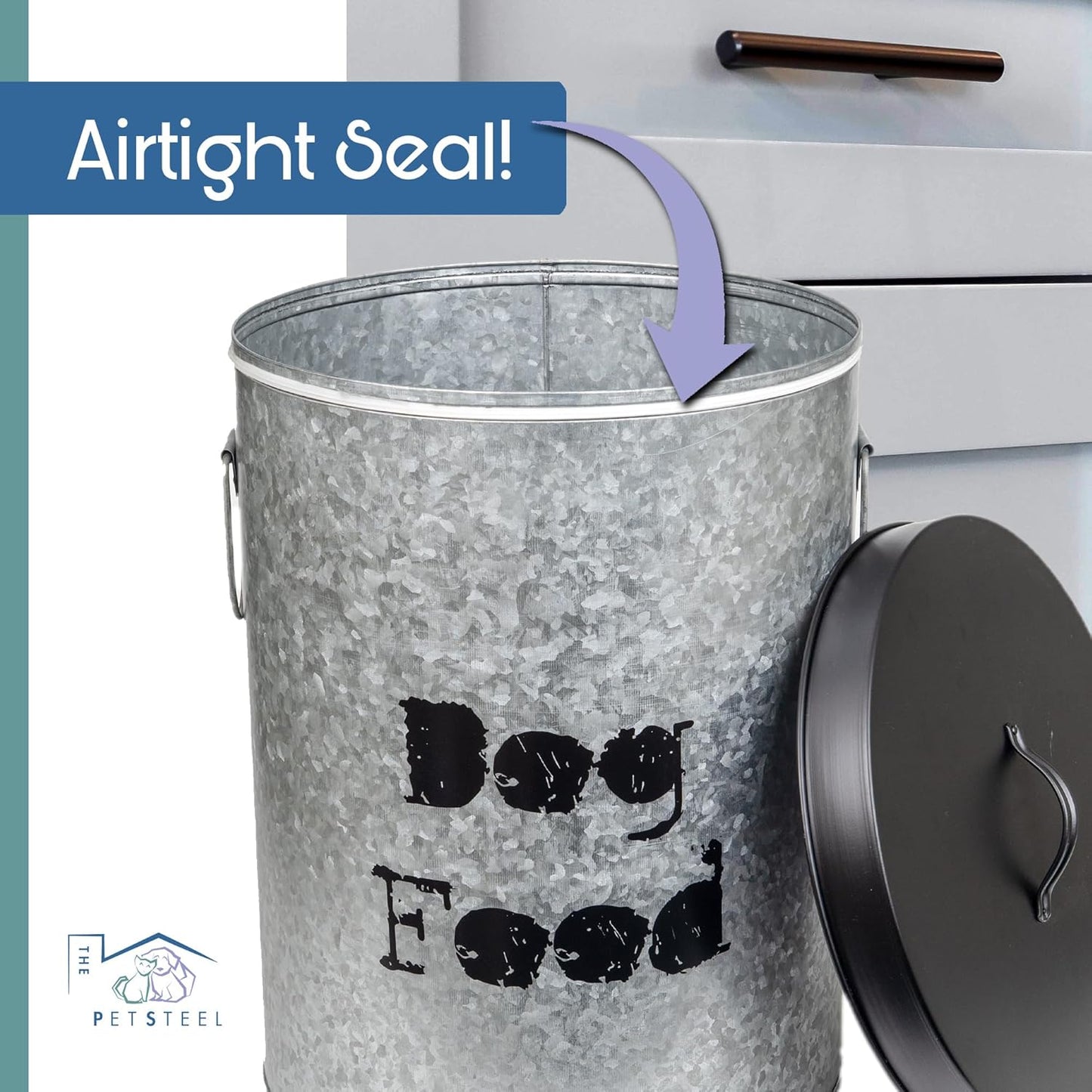 Medium Dog 40lb Pet Food Storage Canister with Scoop – Durable & Airtight for Freshnesss, Minimalist Design & Recyclable, Medium Metal Container (Dog Bin - Medium Size)