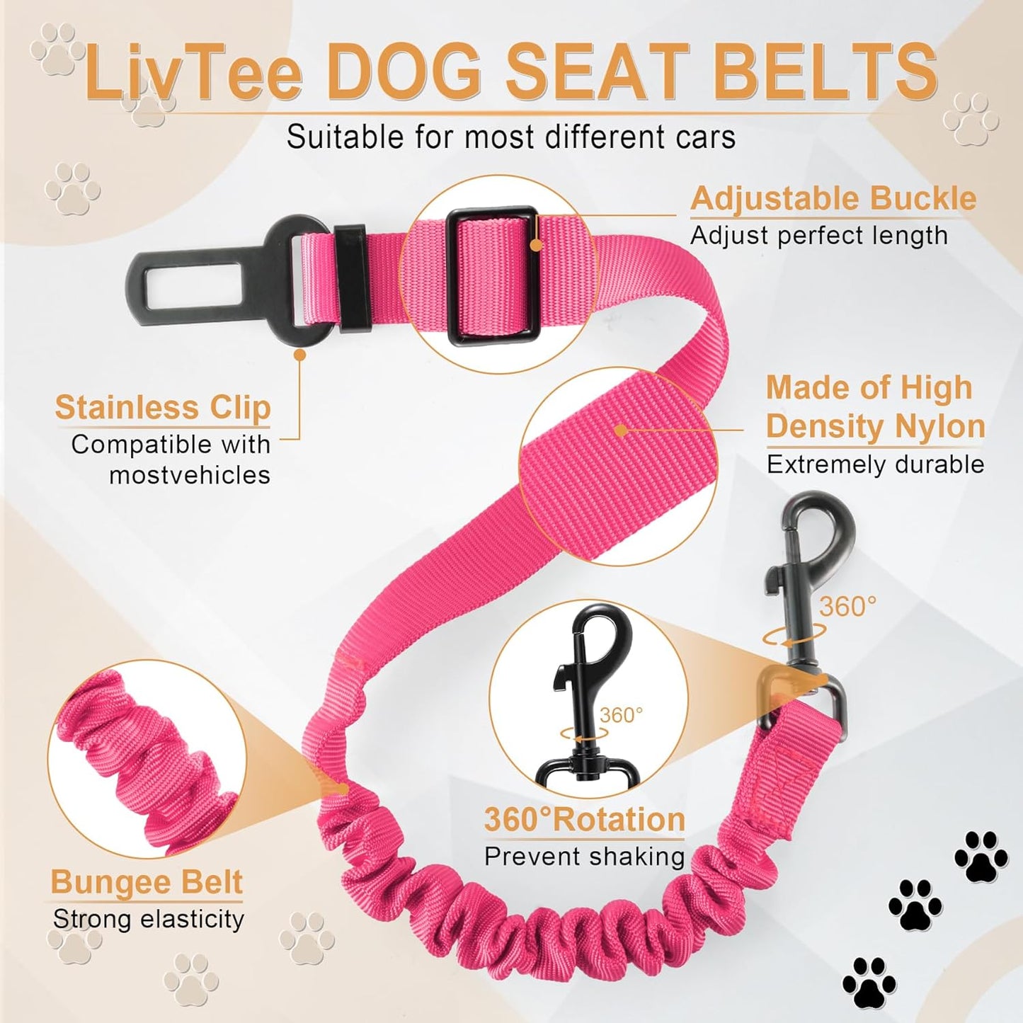 LivTee Dog Seat Belt for Car, Retractable Pet Safety Harness, Adjustable Nylon Dog Seatbelt Leash, Comfortable Dog Accessories for Vehicles (Pink-1PCS)