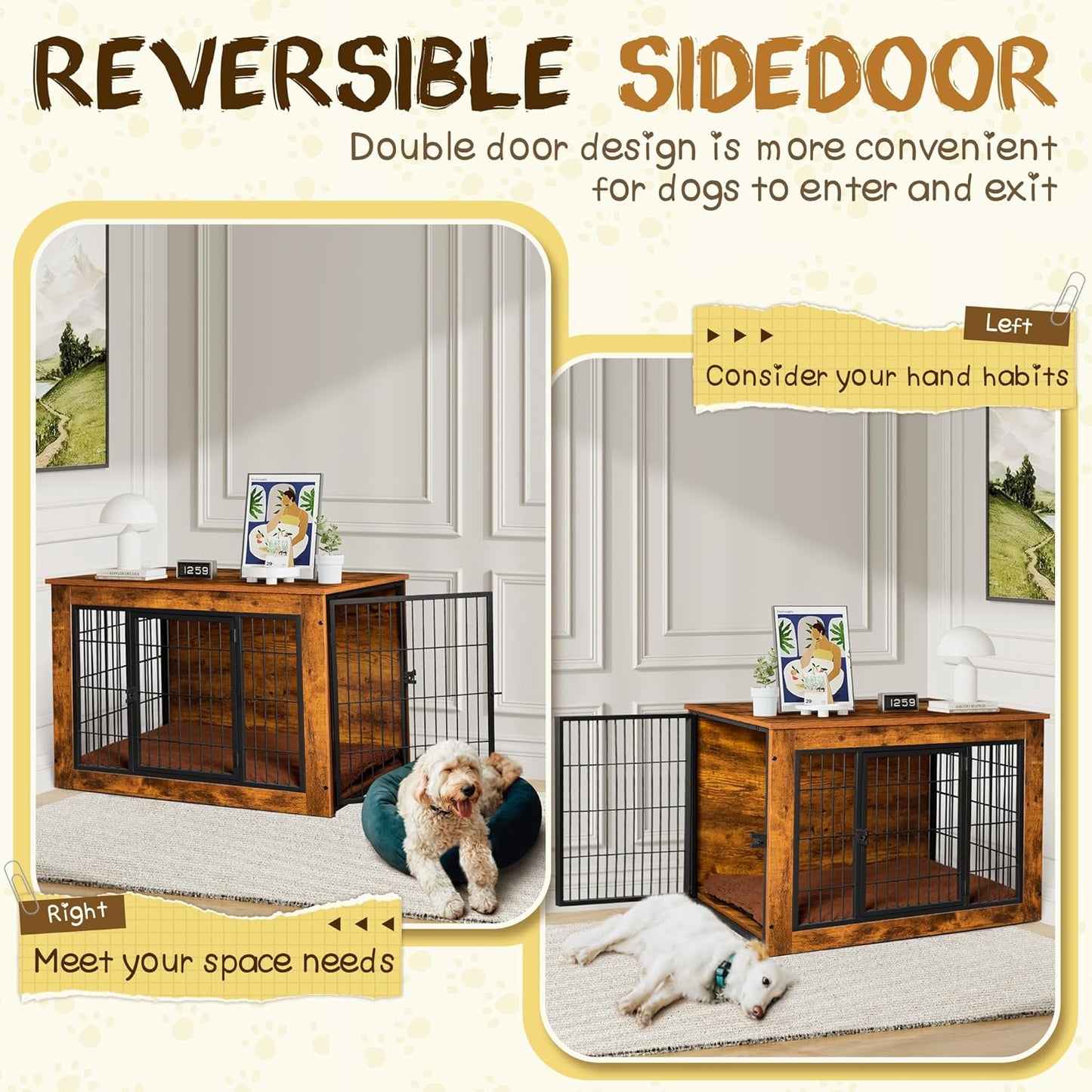 Bigrab Dog Crate Furniture with Thick Cushion, Side End Table Wooden Dog Cage with Double Doors, Chew-Resistant Dog Kennel Dog House Indoor for Small to Large Dog, M