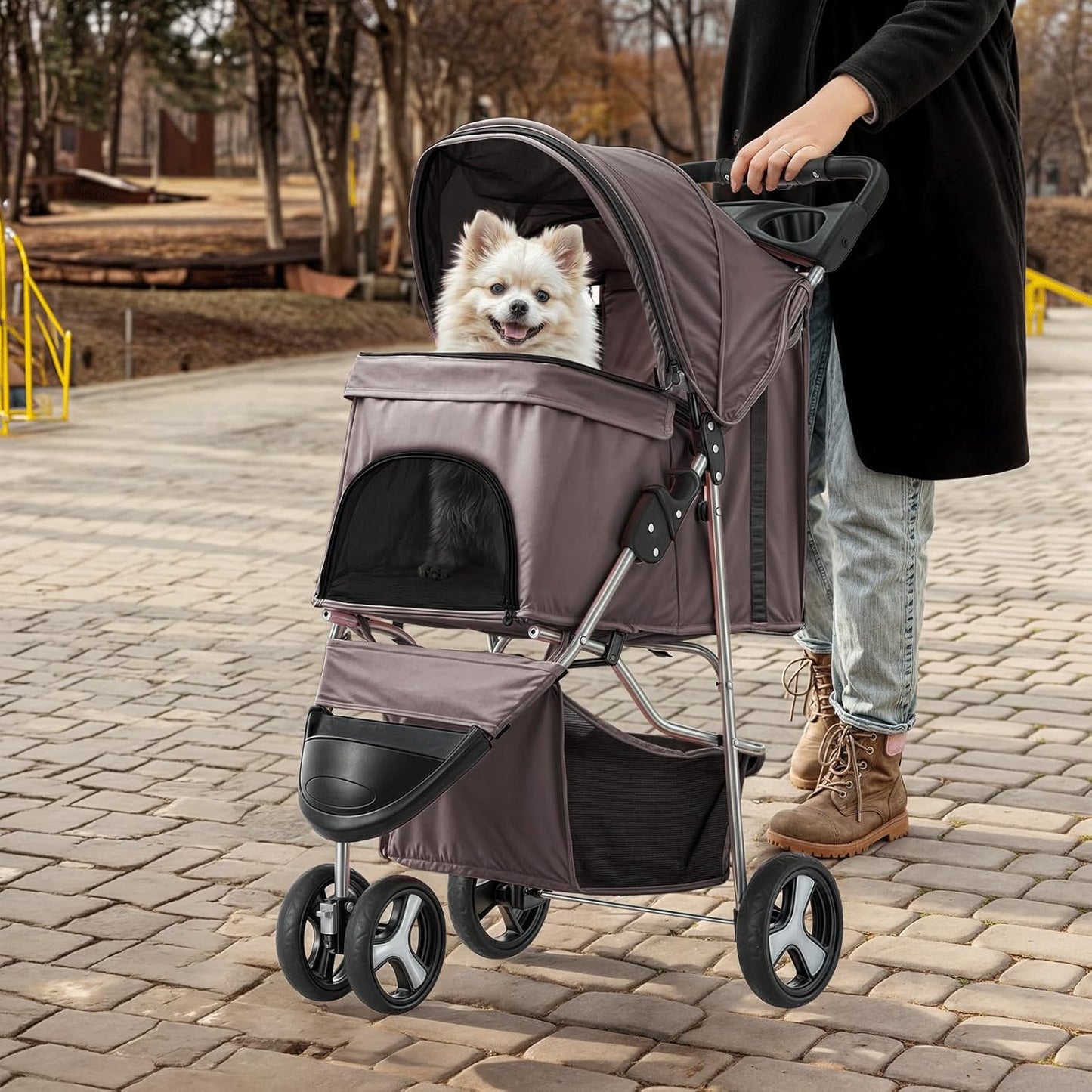 MoNiBloom Foldable Dog Strollers for Small Dogs with Weather Cover, 3 Wheels Pet Strolling Cart for Dogs and Cats with Storage Basket and Cup Holder, Breathable and Visible Mesh for All-Season, Coffee