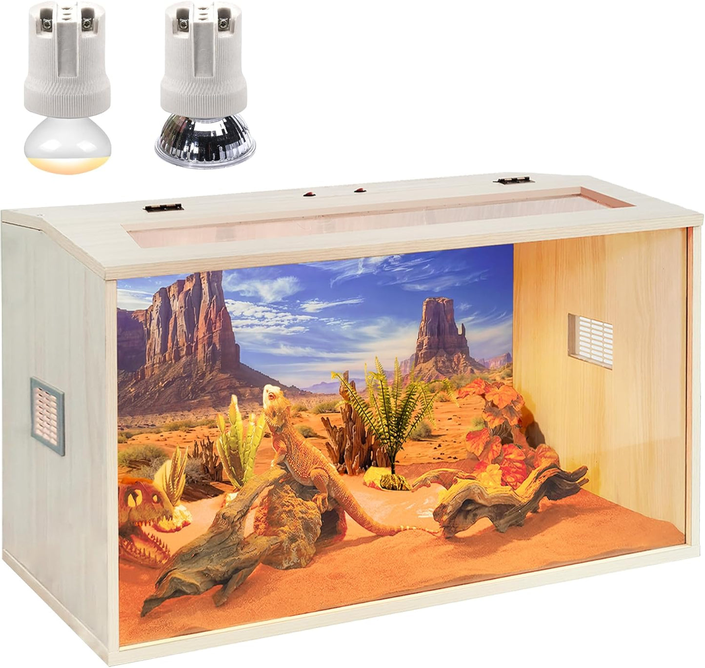Prolee Reptile Terrarium, Lizard Tank Up to 68 Gallons, Bearded Dragon Tank with Roof Door, Snake Tank with Built-in Lamp Fixture and Switch (21 Gallon, 24" Long, Openable Wood Roof)