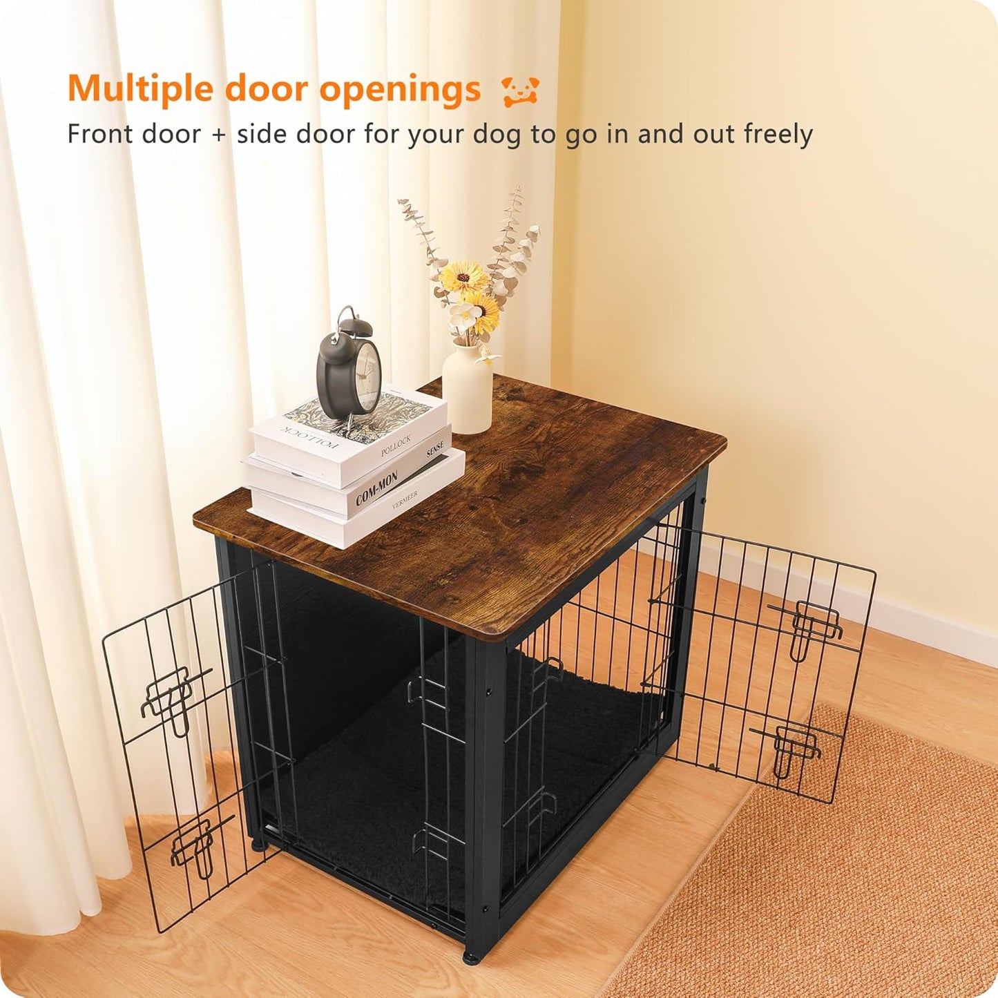 DWANTON Dog Crate Furniture with Cushion, Wooden Kennel Table with Double Doors, Indoor Dog House, Small/Medium/Large Size, 27.2" L, Black+Rustic Brown