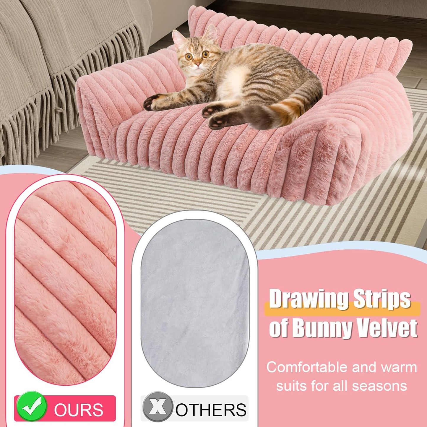 Cute Cat Couch Bed for Indoor Cats, Fluffy Pet Cat Sofa with Premium Soft Corduroy Fleece, Cute Small Dog Beds for Small Dogs, Fuzzy Puppy Chair with Removable Washable Cover (30x20x10,Pink)