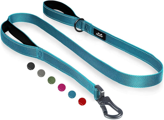 TwoEar 5FT 1IN Strong Blue Dog Leash with 2 Padded Handles, Traffic Handle Extra Control, Comfortable Soft Dual Handle, Auto Lock Hook, Reflective Walking Lead for Small Medium and Large Dogs