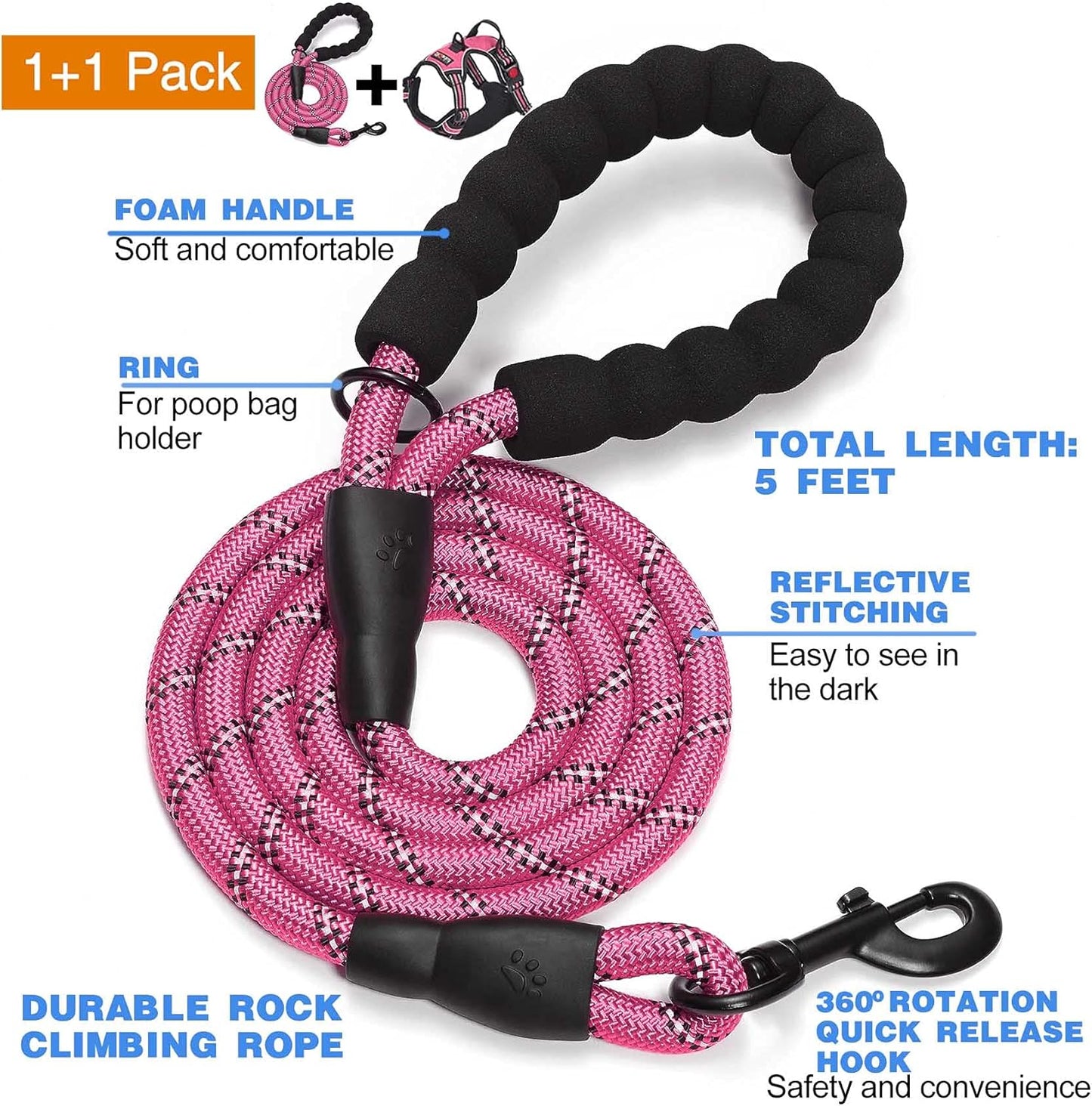 No Pull Dog Harness Adjustable Reflective Oxford Easy Control Medium Large Harness with A Free Heavy Duty 5ft Dog Leash (L (Neck: 18"-25.5", Chest: 24.5"-33"), Pink)