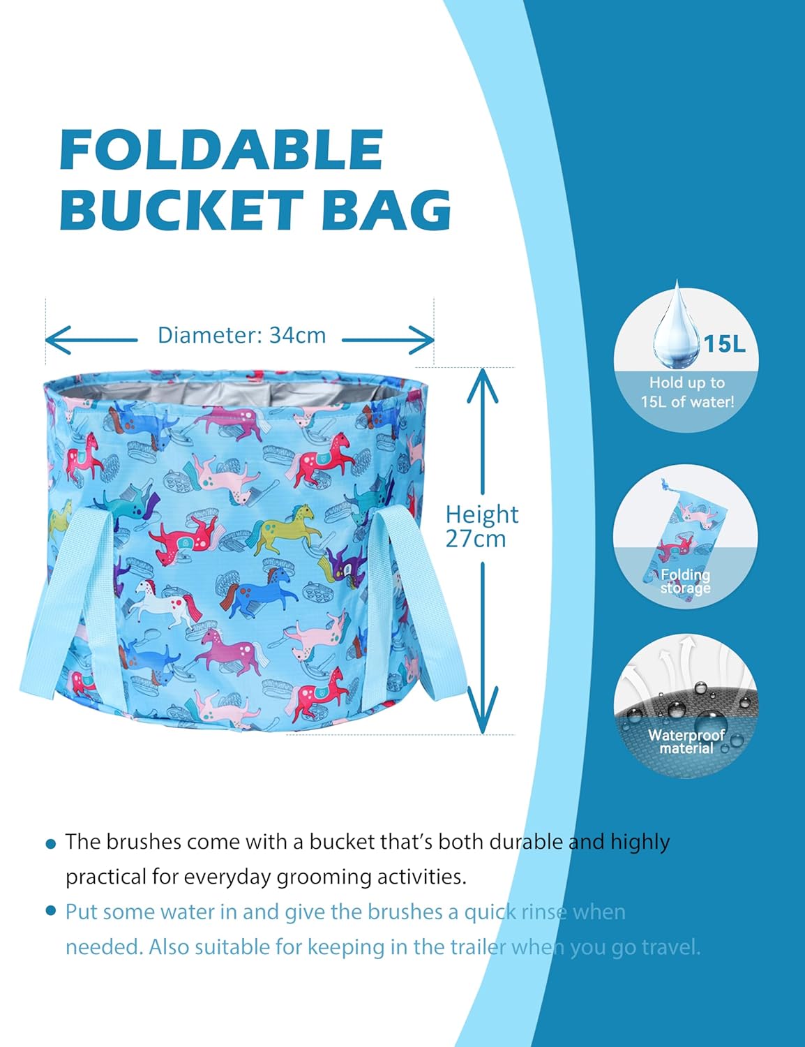 Harrison Howard Horse Grooming Kit 11-Piece Equine Care Series Horse Brush Sets with Organizer Tote Bag Tack Room Supplies Shedding Grooming Massaging Tools Blue Brushstroke Ponies