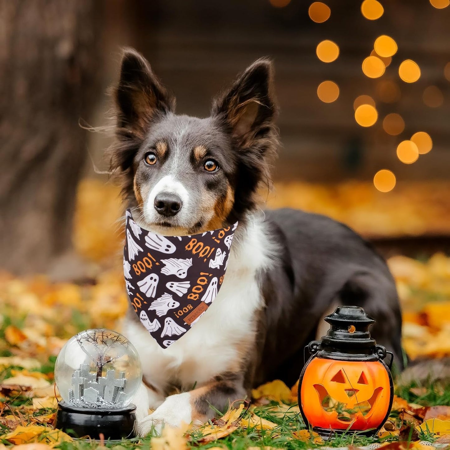 PTDECOR Halloween Dog Bandana, Reversible Holiday Pet Scarf, Multi Size, Triangle Puppy Halloween Bandanas for Medium Large Dogs Pets (Black & Orange, Large)