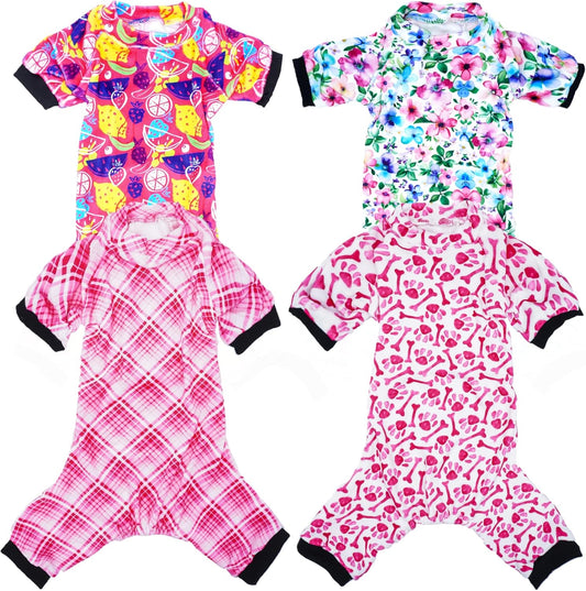 PET SHOW 4 Pack Small Dog Pajamas Cute Paw Bone Clothes for Medium Dogs Soft Stretchy PJs Plaid Jumpsuit Puppy Cats Floral Fruits Onesies Outfits with Sleeve Pets Dachshund Costume(S, Pink for Girls)