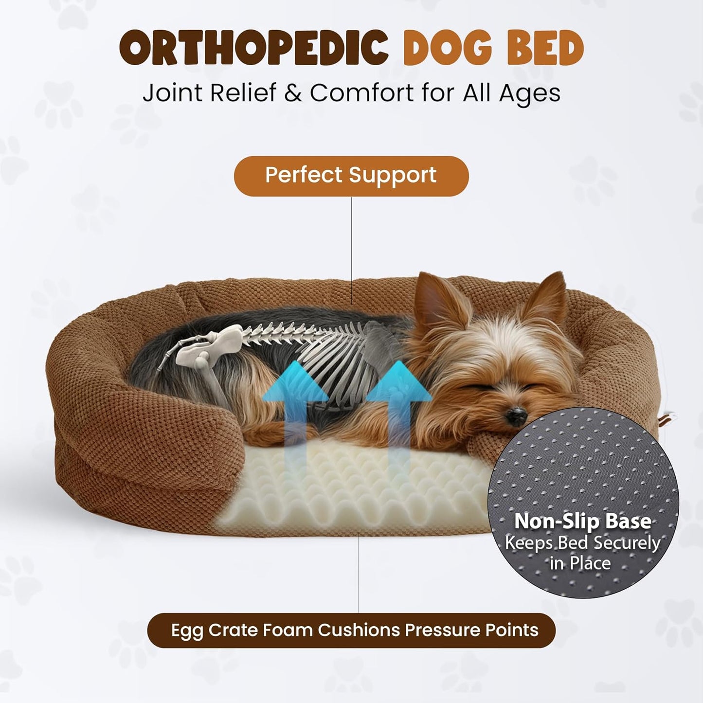 Plush Orthopedic Pet Bed for Small Dogs & Cats, 28" Oval Dog Sofa with Supportive Egg Crate Foam, Washable Removable Cover & Non-Slip Bottom, Bolstered Sides for Comfort, Camel (28")