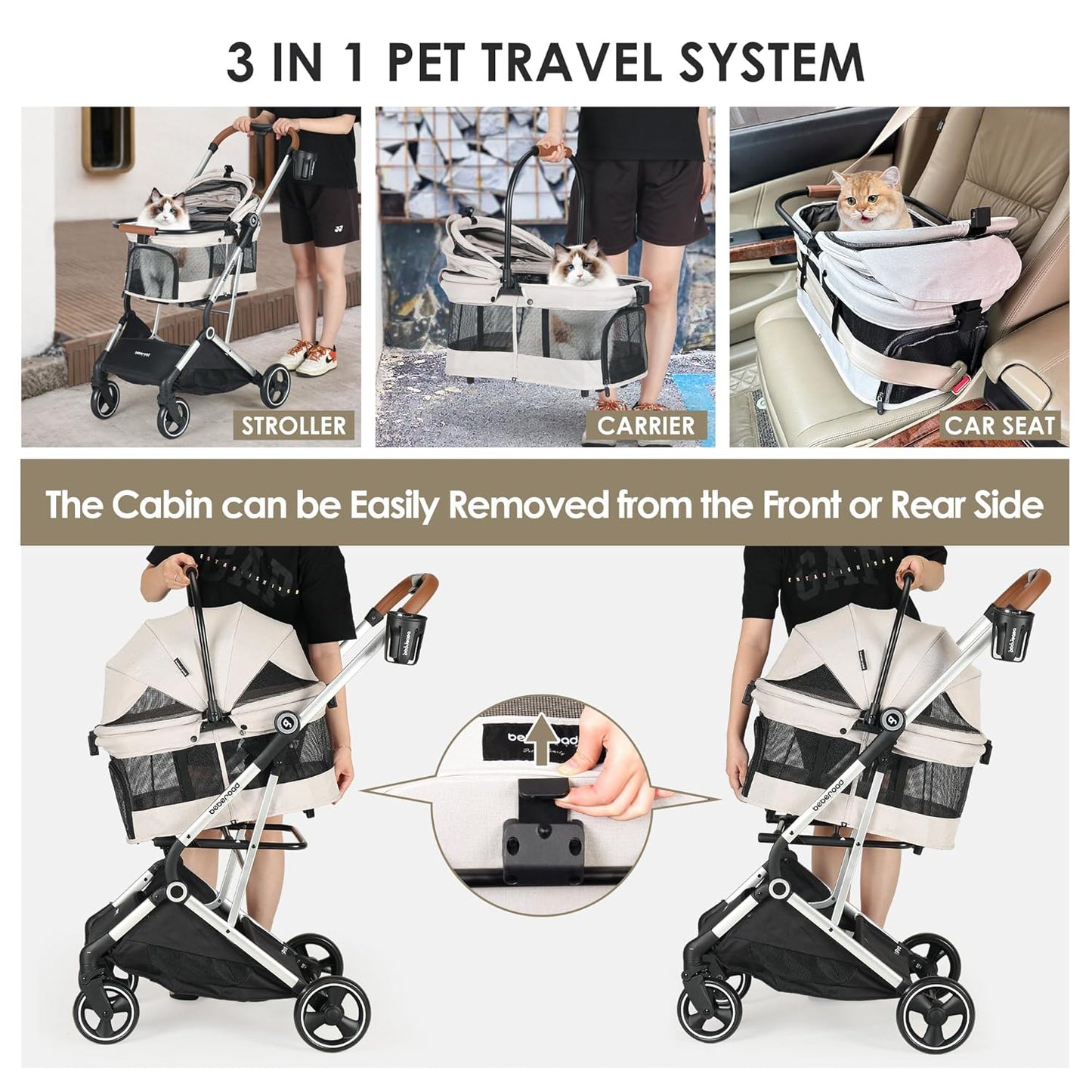 T3 Pro 3-in-1 Small Pet Stroller for Dog & Cats, 4 Wheels with Detachable Carrier with Pad, Canopy and Cup Holder, Beige & Net Wall