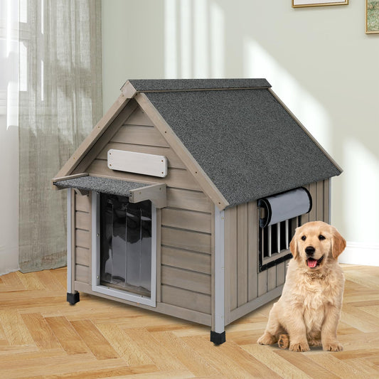 Outdoor Dog House Weatherproof Large Wooden Dog Kennel Indoor for Small Dogs with Chew-Proof Frame, Oxford Fabric Window, Removable Floor Pet Shelter (Grey, 26" D x 31.9" W x 32" H)