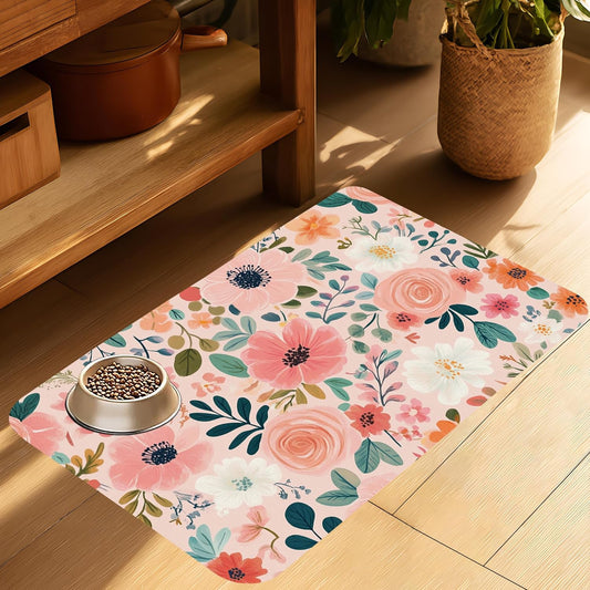 Boho Floral Pet Feeding Mat for Floors-Absorbent Dog Bowl Mat for Food and Water, Quick Dry Pet Cat Feeding Mats with Non Slip Bottom, Mess-Free Dog Accessories 16"x24"