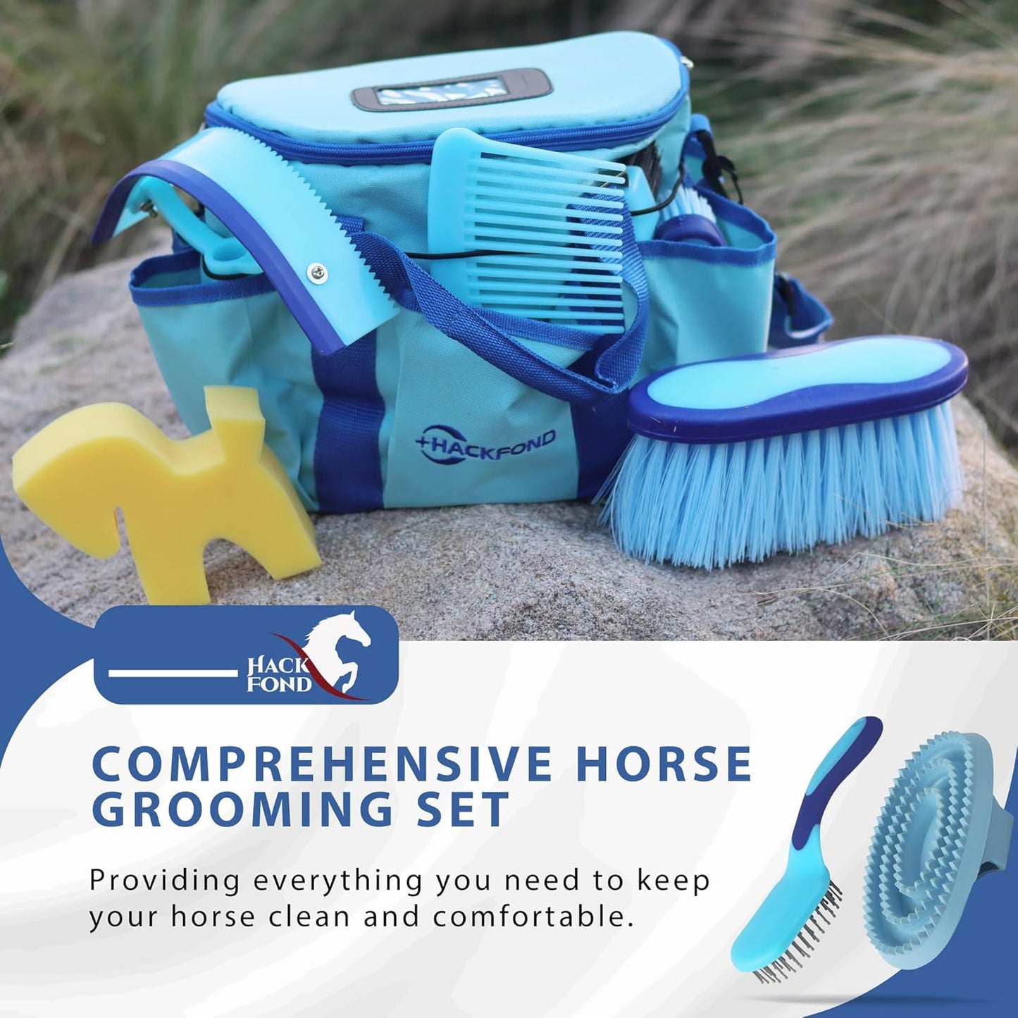 Horse Grooming Kit 9pcs Horse Brushes Equine Grooming Brushes Tack Room Supplies Set with Organizer Tote