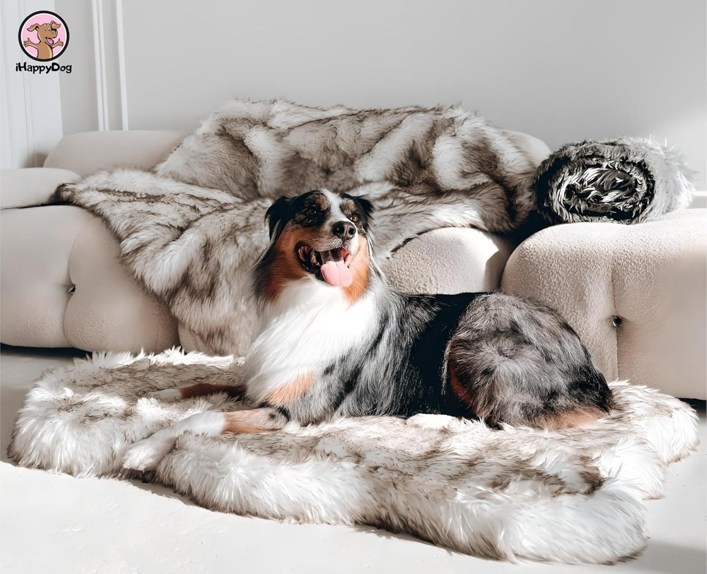 IHAPPYDOG Luxury Faux Fur Orthopedic Dog Bed, Memory Foam Dog Bed for Small, Medium, Large and XL Pets, Fluffy Pet Bed with Waterproof and Washable Cover (White w/Brown Tips, 50"x30")