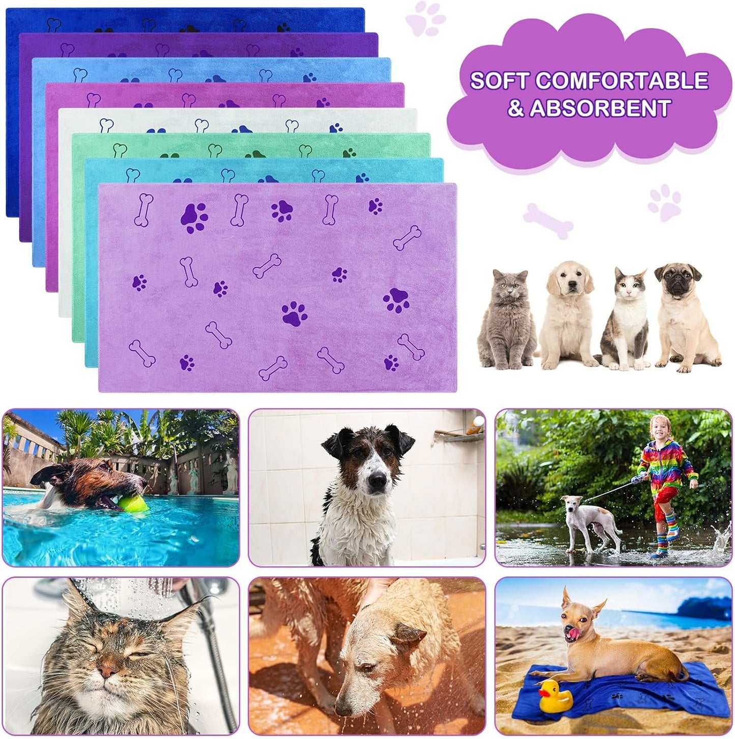 Chumia 8 Pcs Dog Towels for Drying Dogs Cats Pet Towels Bulk Puppy Microfiber Quick Drying Paw Bath Bathing Supplies Absorbent for Medium Pets(Classic Color,40 x 24 Inch)