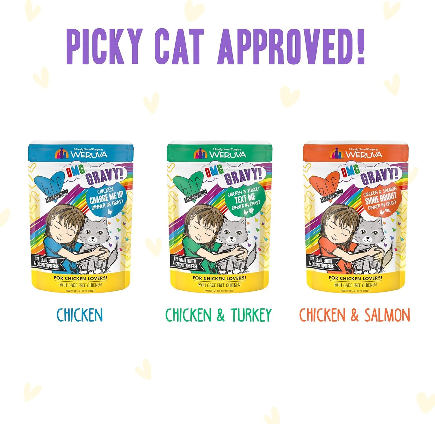 Weruva B.F.F. OMG - Best Feline Friend Oh My Gravy!, Yippy Ki Yay Yellows! Variety Pack, 2.8oz Pouch (Pack of 12)