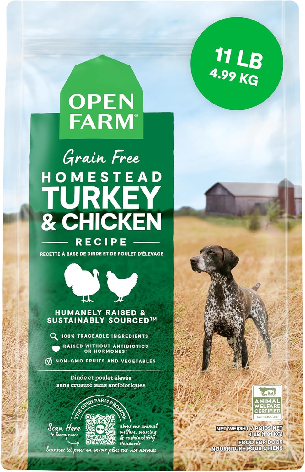 Open Farm, Grain-Free Dry Dog Food, Complete & Balanced Kibble, Sustainably & Ethically Sourced Ingredients, Non-GMO Veggies & Superfoods to Support Overall Health, Turkey and Chicken Recipe, 11lb Bag