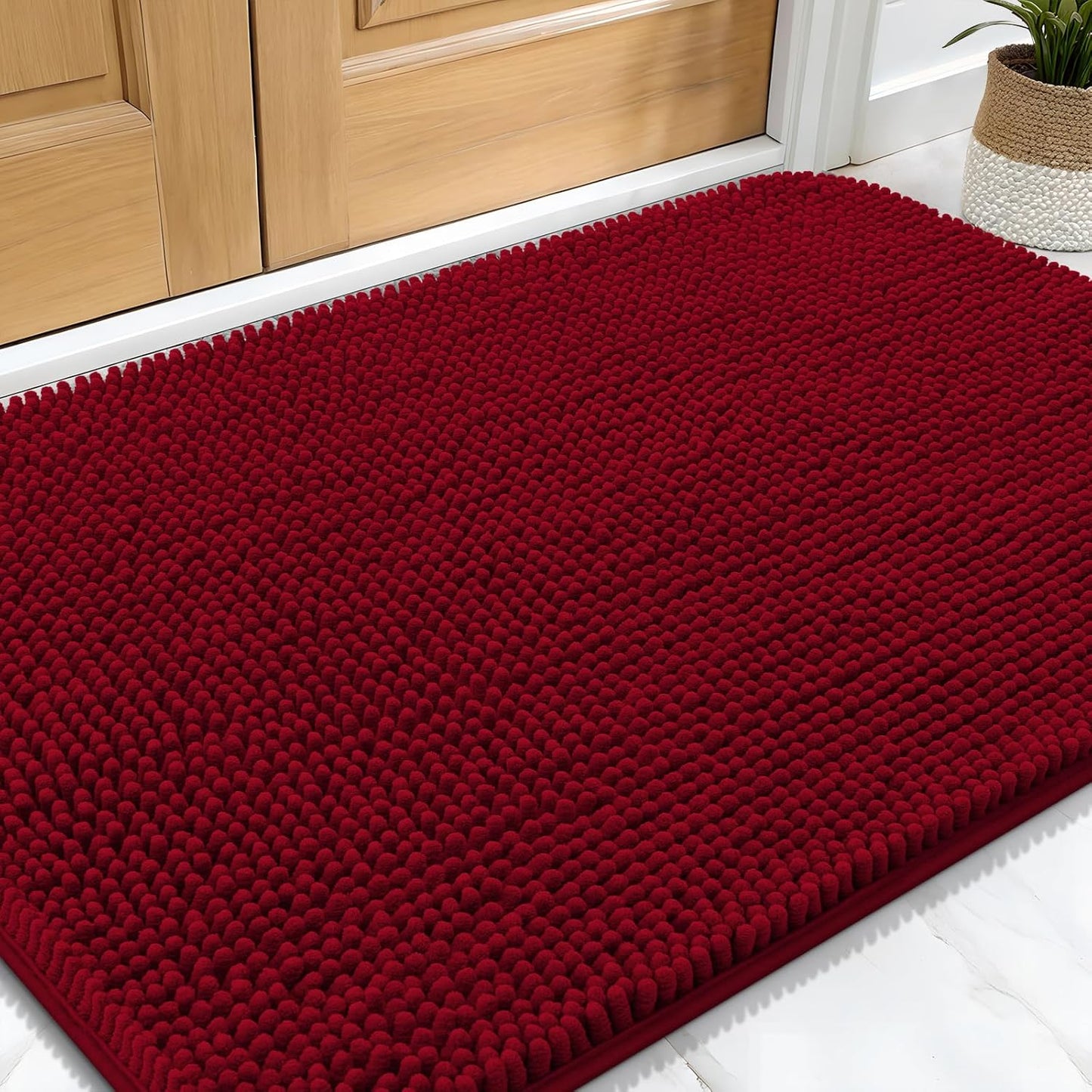 OLANLY Dog Door Mat for Muddy Paws 30x20, Absorbs Moisture and Dirt, Absorbent Non-Slip Washable Doormat, Quick Dry Chenille Mud Mat for Dogs, Entry Indoor Entryway Carpet for Inside Floor, Red