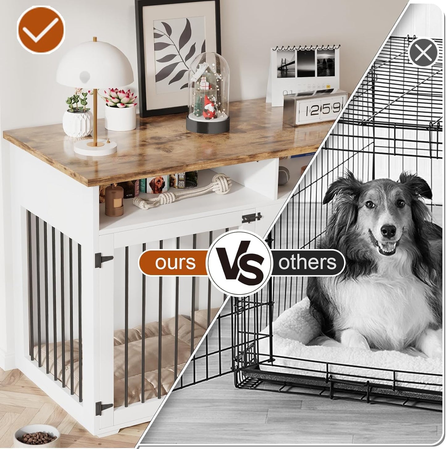 Dog Crate Furniture for 2 Dogs, 55 Inch Dog Crate Indoor with Removable Divider and Shelf Storage, Wooden Dog Crates for Medium/Large Dogs, White