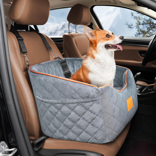 Dog Car Seat for Small Dogs, Memory Foam Booster Dog Seat for Dogs up to 35 lbs, Elevated Pet Car Seat with Washable Removable Cover, Storage Pockets (Gray)
