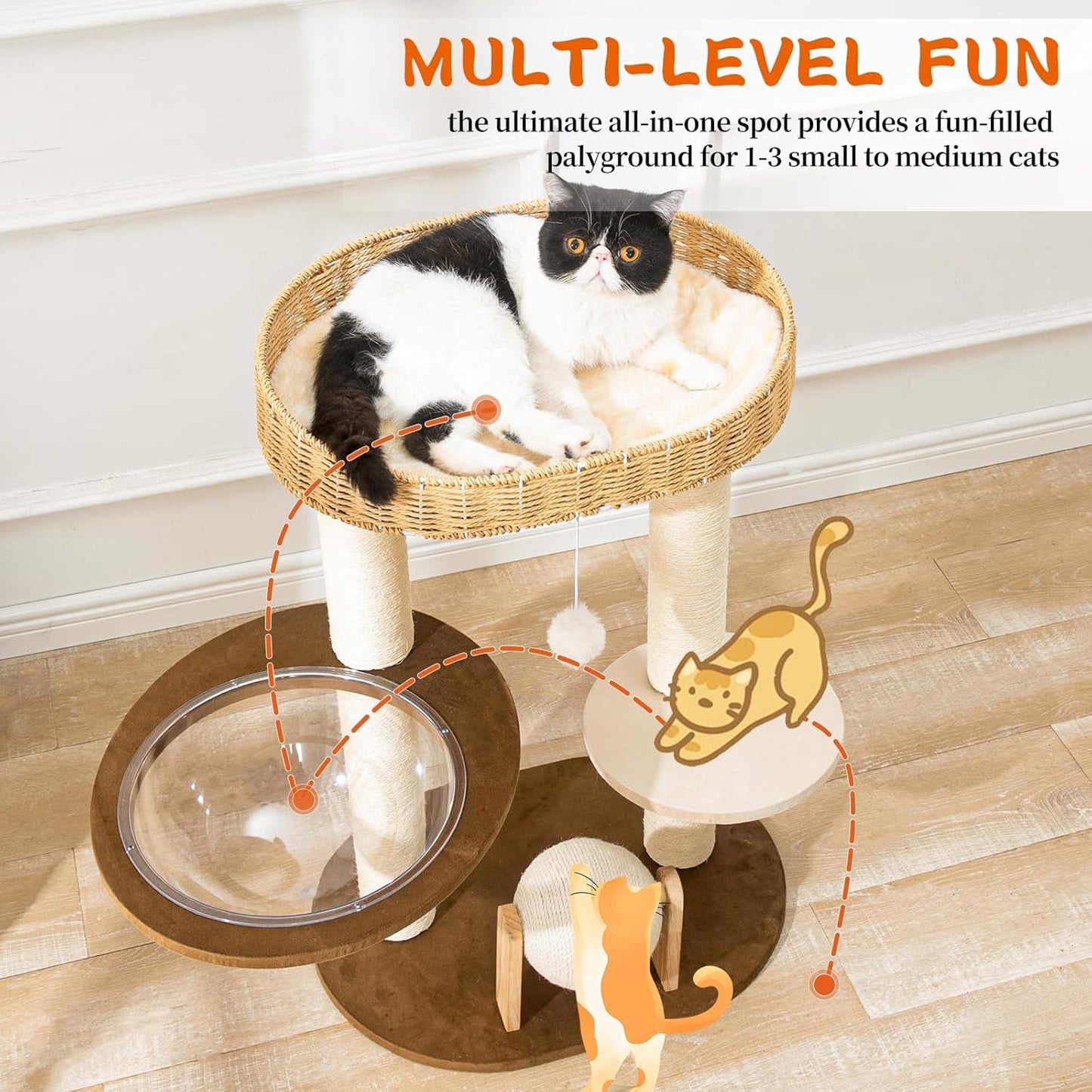 Modern Cat Tree for Indoor Cats, Wood Cat Tree with Natural Sisal-Covered Scratching Posts, Unique Cat Furniture Activity Center with Cat Scratching Ball Toy