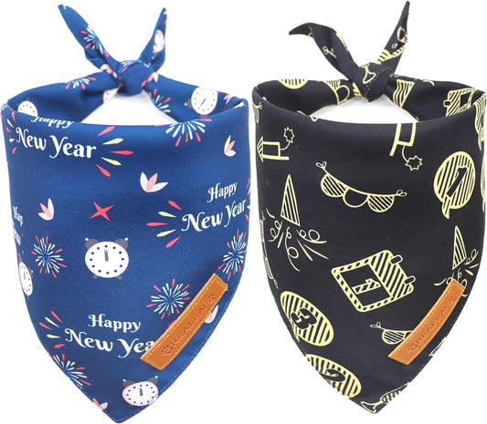 Realeaf Happy New Year Dog Bandanas 2 Pack, Reversible Holiday Pet Scarf for Boy and Girl, Premium Durable Fabric, Bandana for Small Medium Large and XLarge Dogs (Large)