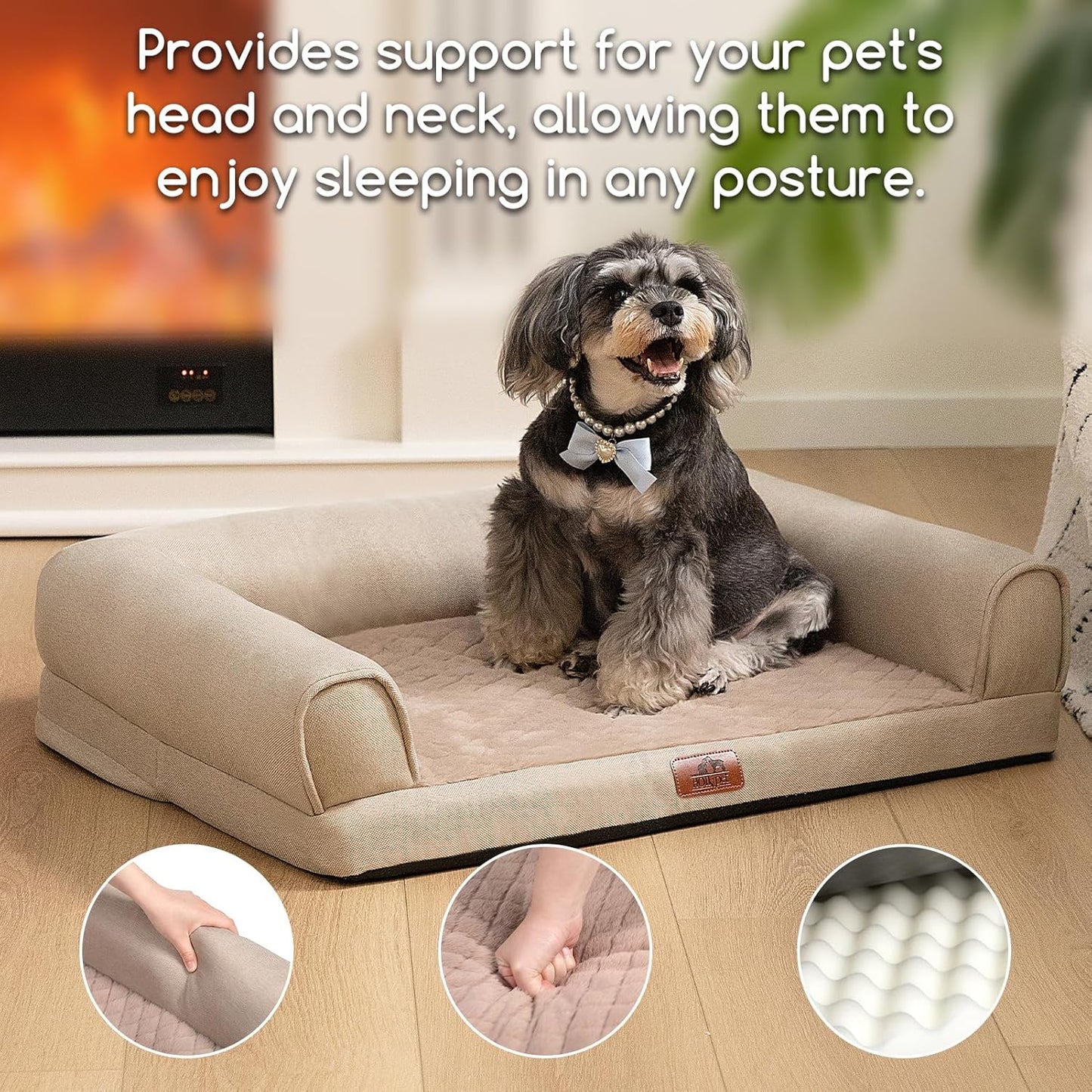 Hollypet Orthopedic Dog Bed for Medium Dogs, Supportive Foam Pet Couch with Removable Washable Cover and Non-Slip Bottom, Waterproof Lining Dog Sofa Bed, Khaki, M (28 * 22.5 * 7.5)