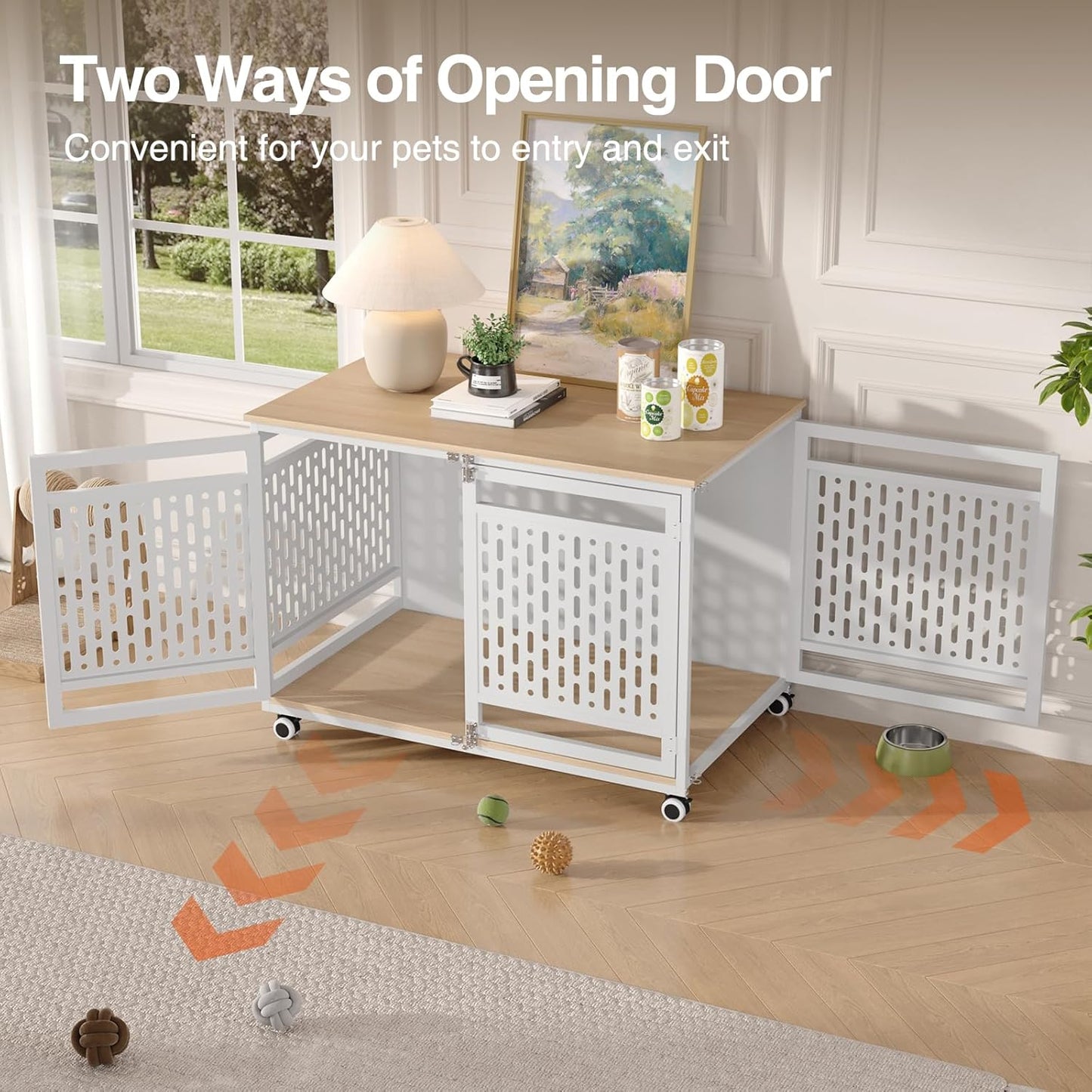 40.1" Dog Crate Furniture for Medium/Large Breed, Dog Kennel Furniture with Wheels, Heavy Duty Wooden End Side Table Pet Cage Indoor, Chew-Resistant, White