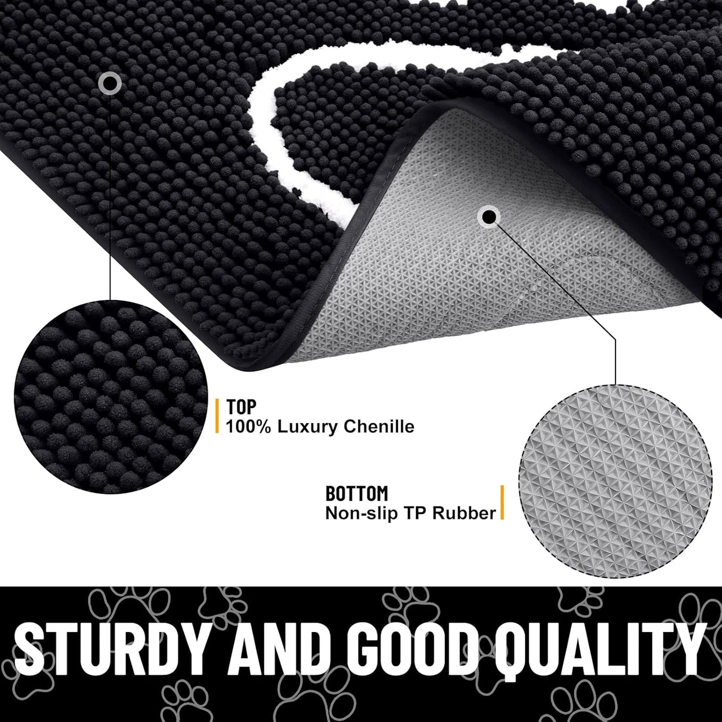 Smiry Dog Door Mat for Muddy Paws, Absorbent Dirt Trapper Non Slip Quick Dry Washable Chenille Mat for Mud Dogs, Entry Rug for Indoor and Outdoor (47x24 Inches, Black)