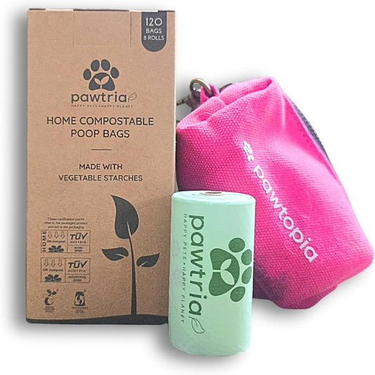 Pawtria Bundle Product of 120 Pet Waste Bags and 1 Canvas Dispenser (Pink), Vegetable Starches, Eco-friendly Dog Waste Bags, Leak proof, Easy to Open, Give Back, Fabric poop bag holder…