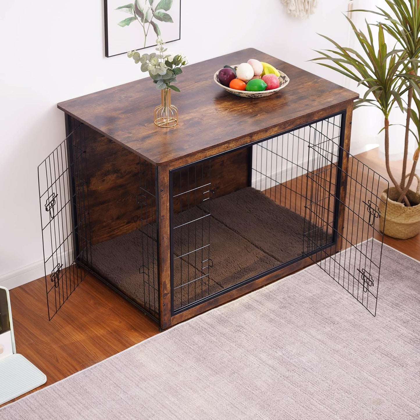 DWANTON Dog Crate Furniture with Cushion, Wooden Kennel Table with Double Doors, Indoor Dog House, Extra Large Size, 43.3" L, Rustic Brown