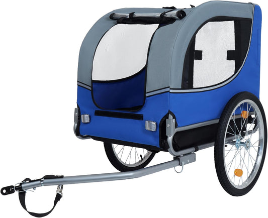Blue-Grey Large Folding Bike Trailer for Dogs – Heavy-Duty Steel Frame, 66LB Capacity Pet Carrier for All-Terrain Cycling, Jogging & Camping Adventures!
