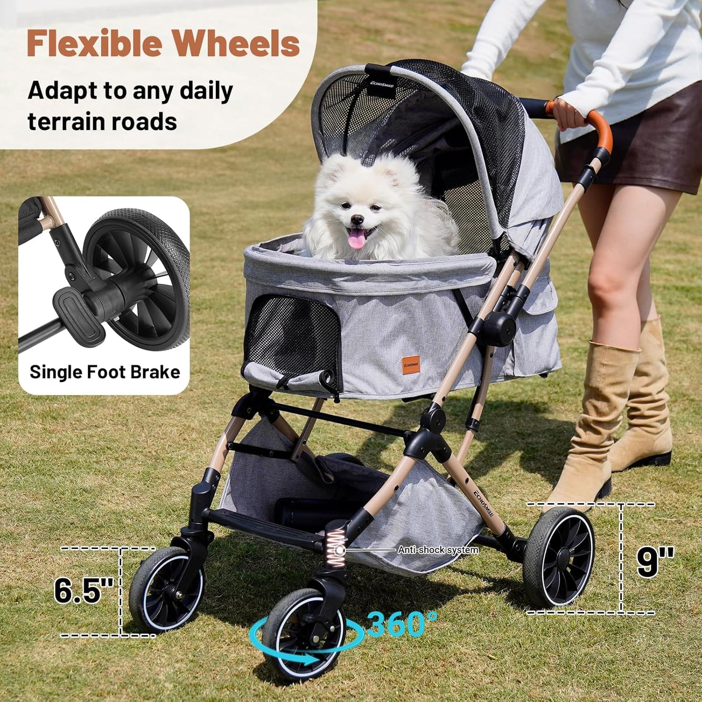 EchoSmile Small Medium Dogs Stroller 4-Wheel Pet Strollers for Medium Dogs Up to 50lbs, One Click Folding Large Cat Stroller, Reversible Handle, Shock Absorbing Wheels, Removable Washable Pad
