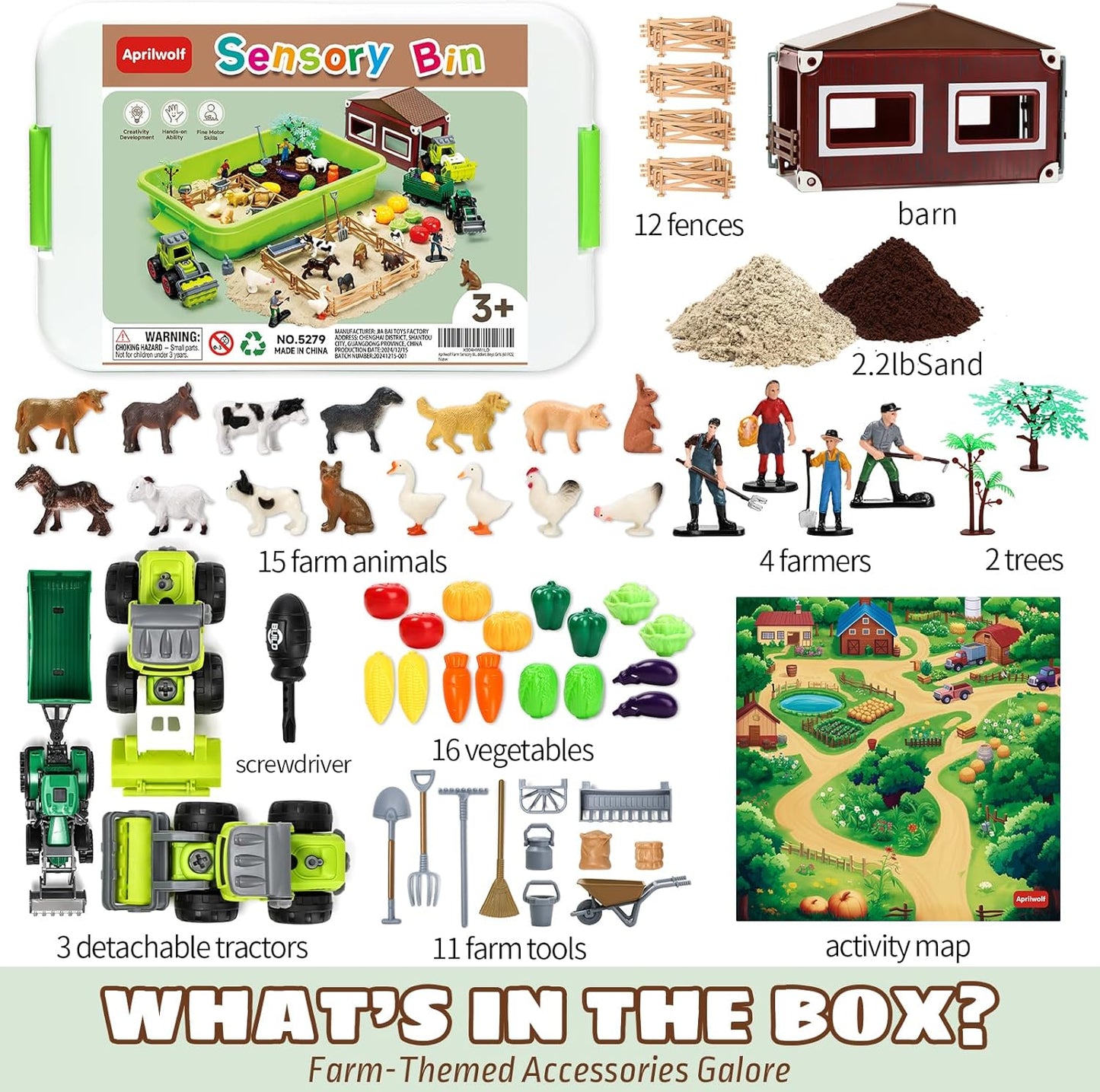69 PCS Farm Sensory Bin Toys Playset, Sandboxes with Sand, Farmer Tractor & Farm Animals Figures Toys for Kids 3 4 5, Gifts for 6 7 Years Old Boys Girls Toddlers