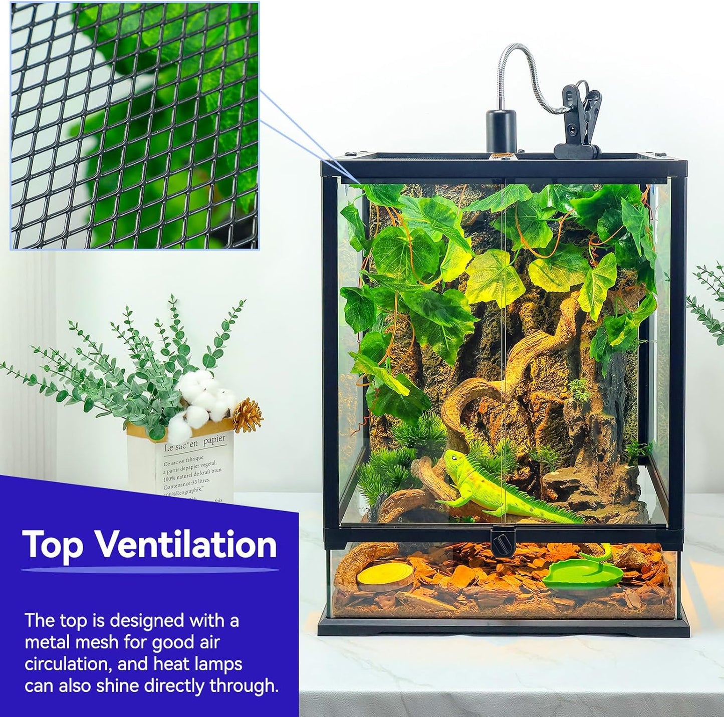 360° Clear View 35 Gallon 24x18x18 Glass Reptile Terrarium Suitable for Bearded Dragon, Chameleon, Crested Gecko, Multi-Pet Enclosure with Front Door, Excellent Ventilation, Hidden Wiring Holes