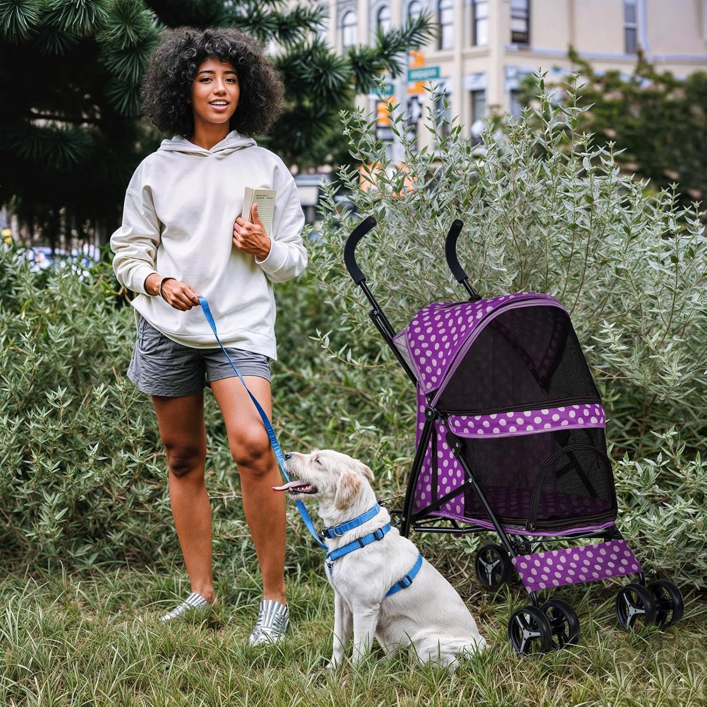 MoNiBloom 4 Wheels Pet Stroller, Easy-Fold Umbrella Shaped Dog Cat Jogger Stroller w/Storage Bag & Visible Mesh for Small/Medium Dogs Cats Purple Polka Dots