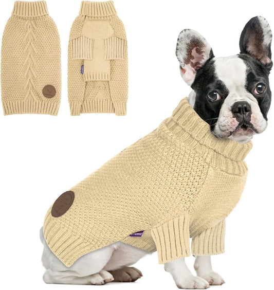 cyeollo Dog Sweater Turtleneck Knitted Sweaters with Leash Hole Winter Dog Clothes Sweaters for Small Dogs Beige