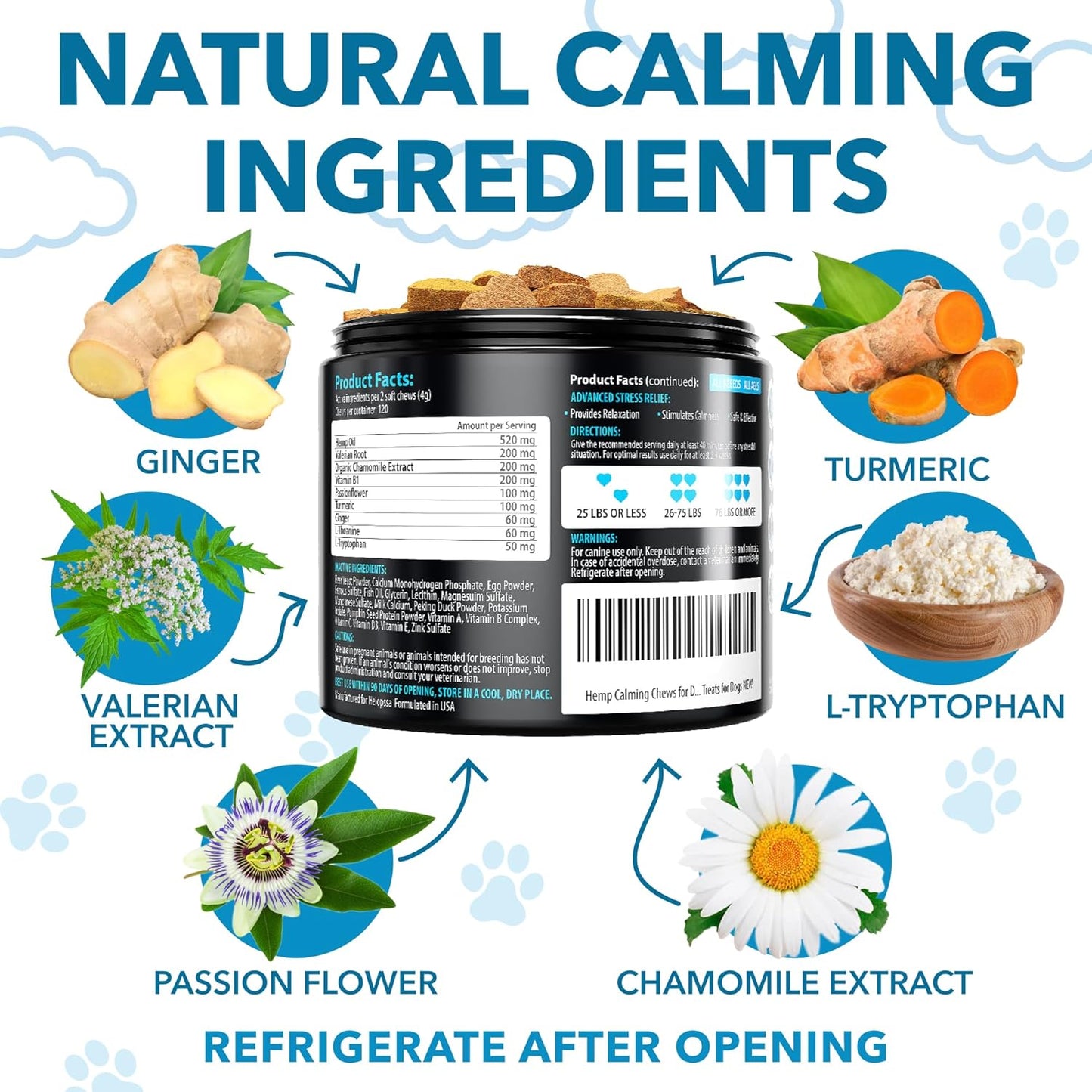 Hemp Calming Chews for Dogs with Anxiety and Stress - Anxiety Relief Chews for Storms, Fireworks, Thunder, Barking, Separation - Valerian, L-Tryptophan, Hemp Oil - Peking Duck- 120 Dog Calming Treats