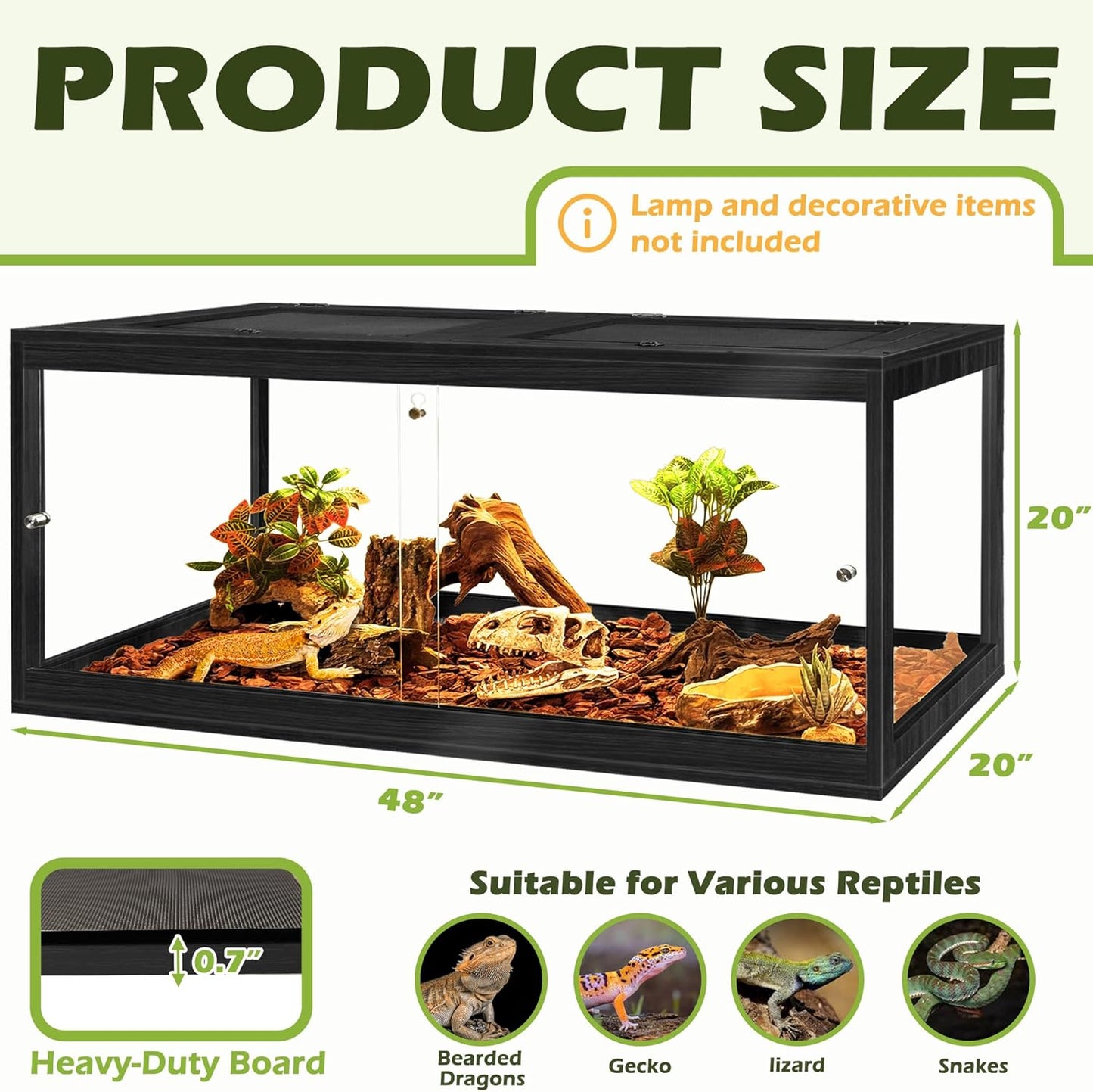 Prolee Tempered Glass Bearded Dragon Tank 81 Gallon,Reptile Encloure and Snake Tank with Metal Mesh Roof Door,Locking Design Reptile Tank for Lizard,Gecko,Chameleon (48"X20"X20",Black)